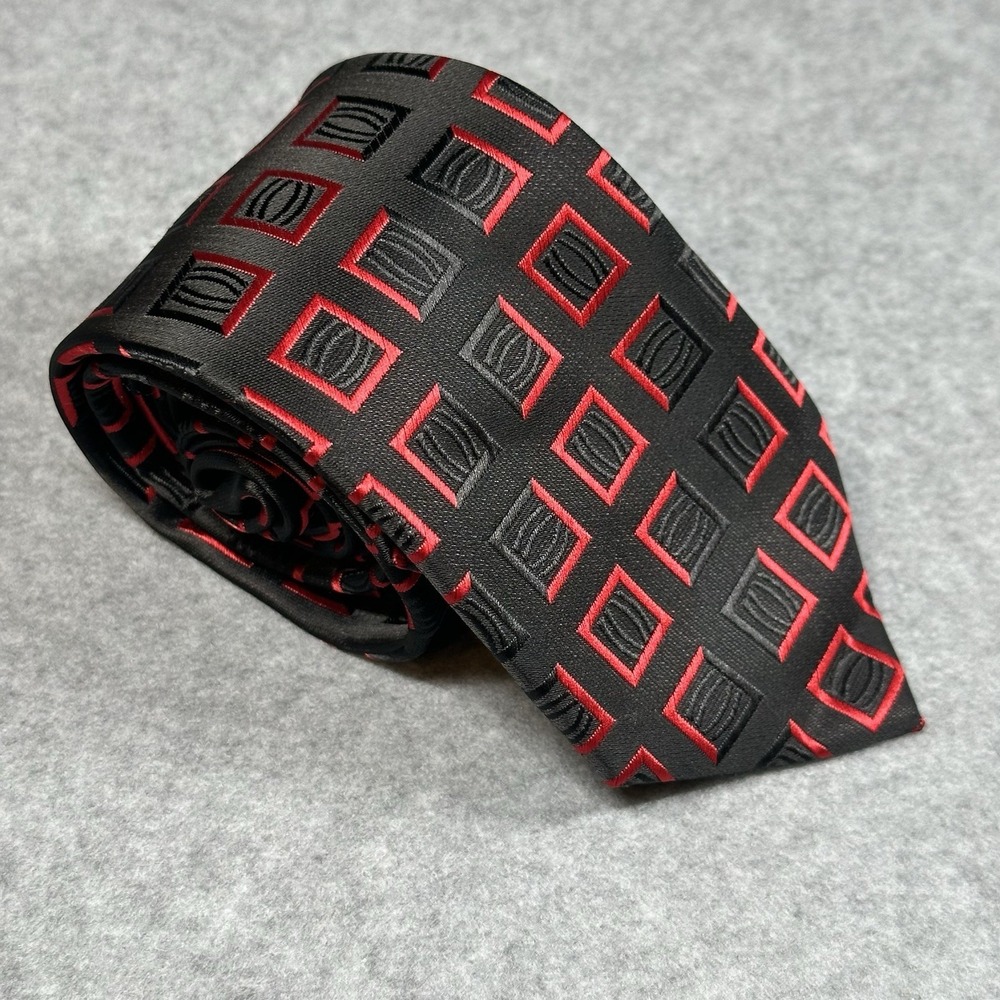 Wei Shang Silk Tie Black Red Geometric Squares Classic Necktie 60x3in
